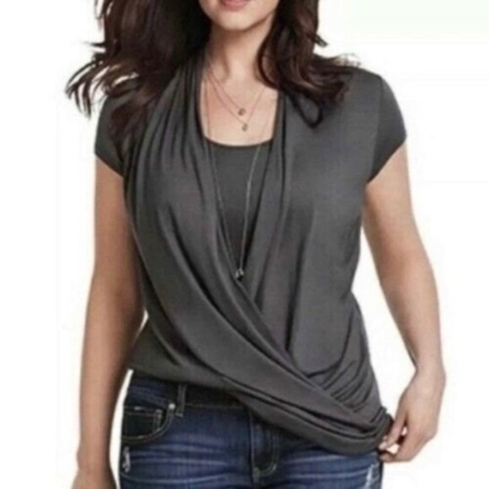 CAbi Faux Wrap Fickle Tee Gray Size Small Cap sleeve Jersey‎ Knit#3058 EUC
